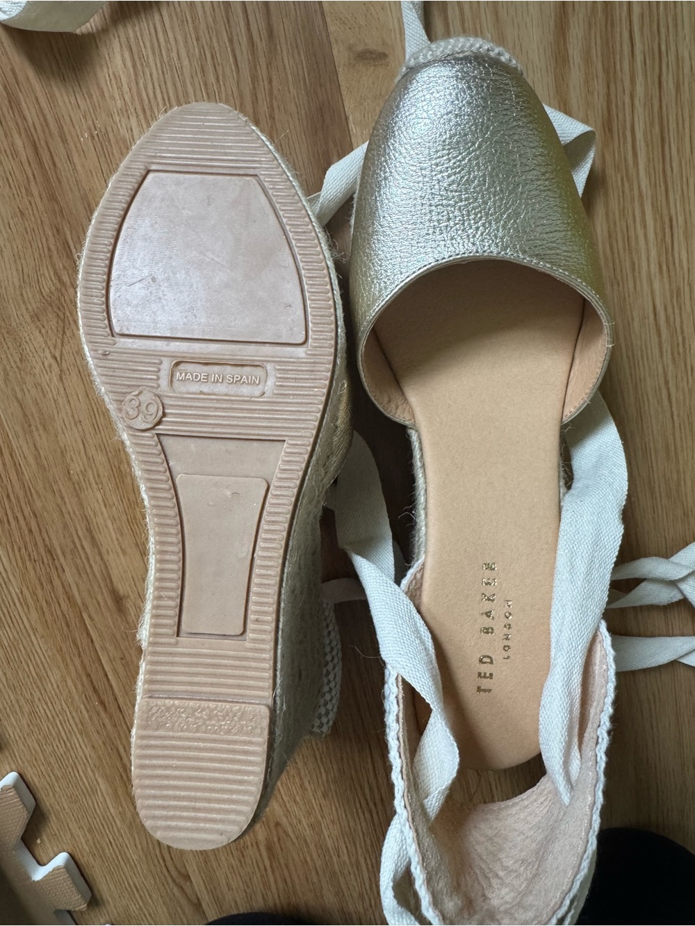Ted Baker Gold Metallic Espadrille Wedge Ankle Tie Sandals - Picture 2 of 5